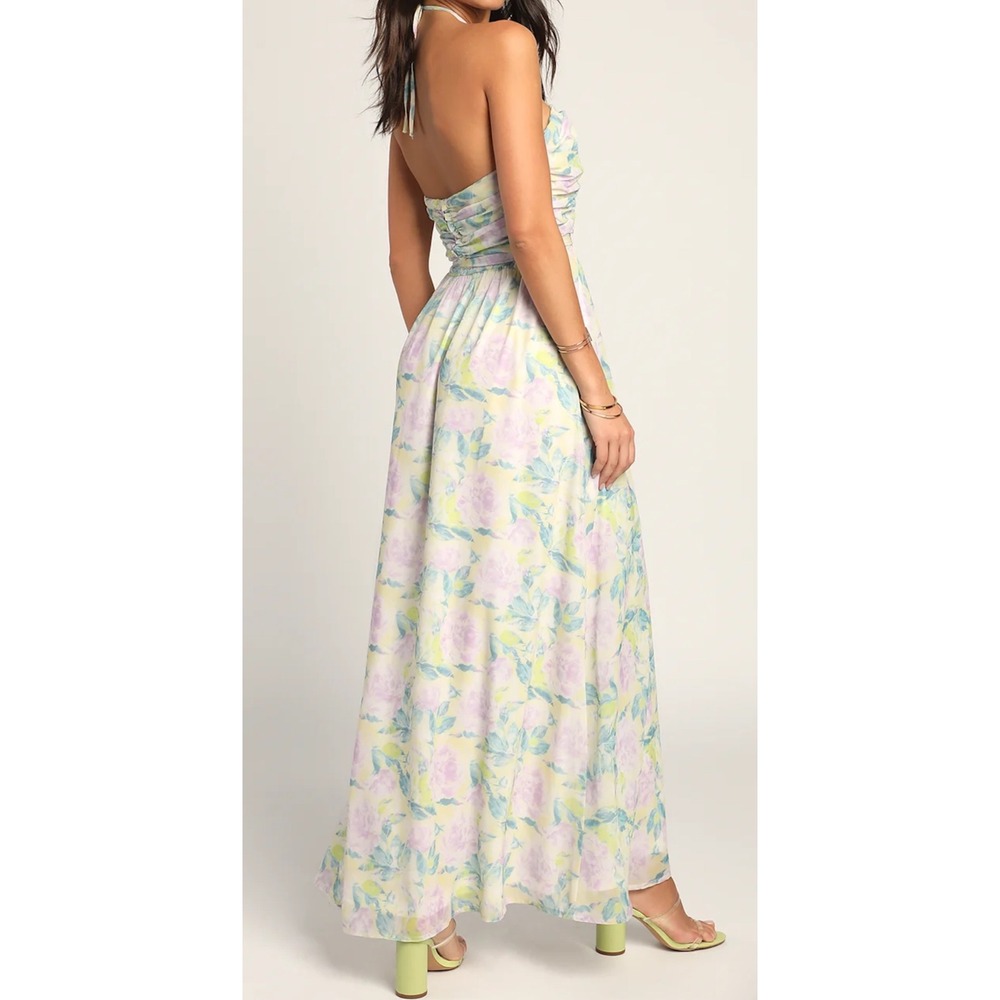 NWOT Lulus Medium Effortlessly Abloom Green Floral Ruched Halter Maxi Dress - Picture 3 of 13